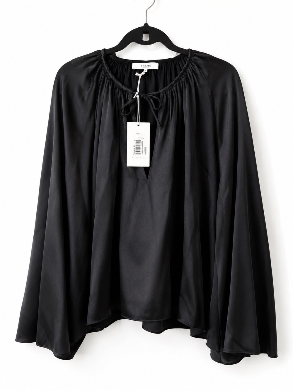 Frame Black Satin Tie-Neck Peasant Top